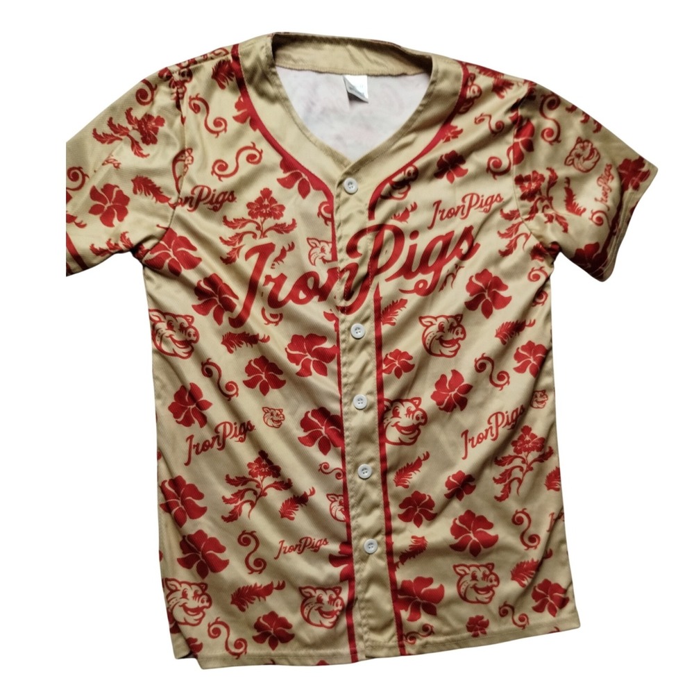Lehigh Valley IronPigs Youth M‎ Baseball Jersey Tan Red Floral Hawaiian MiLB 25